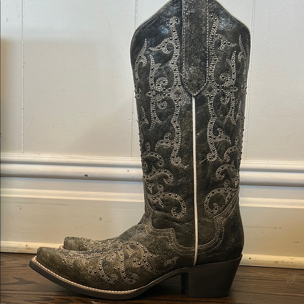 JB Dillon Women's Leather Embroidered Western Boots - Green/Gray